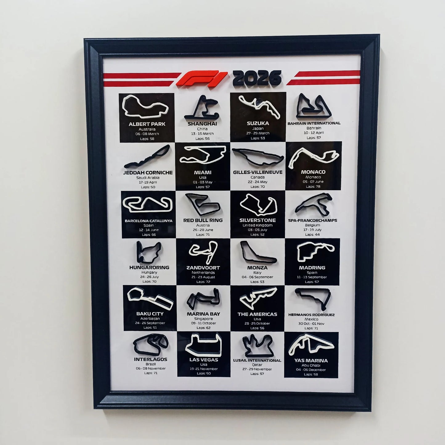 Cuadro Calendario F1 2026 Bandera a cuadros + 3D impresión